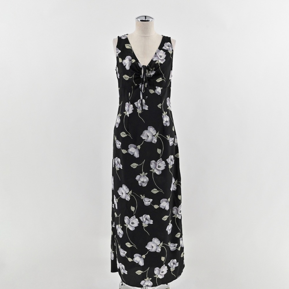Vtg Y2k Black Floral Maxi Dress Size M Dark Romantic Grunge Sleeveless Tie USA